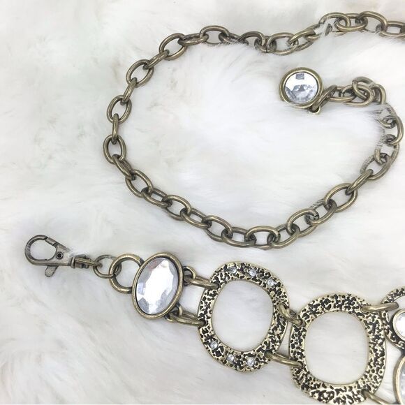 Mottled Burnished Gold Tone Ovals and Gemstone Retro Statement Chain Belt - Picture 2 of 12